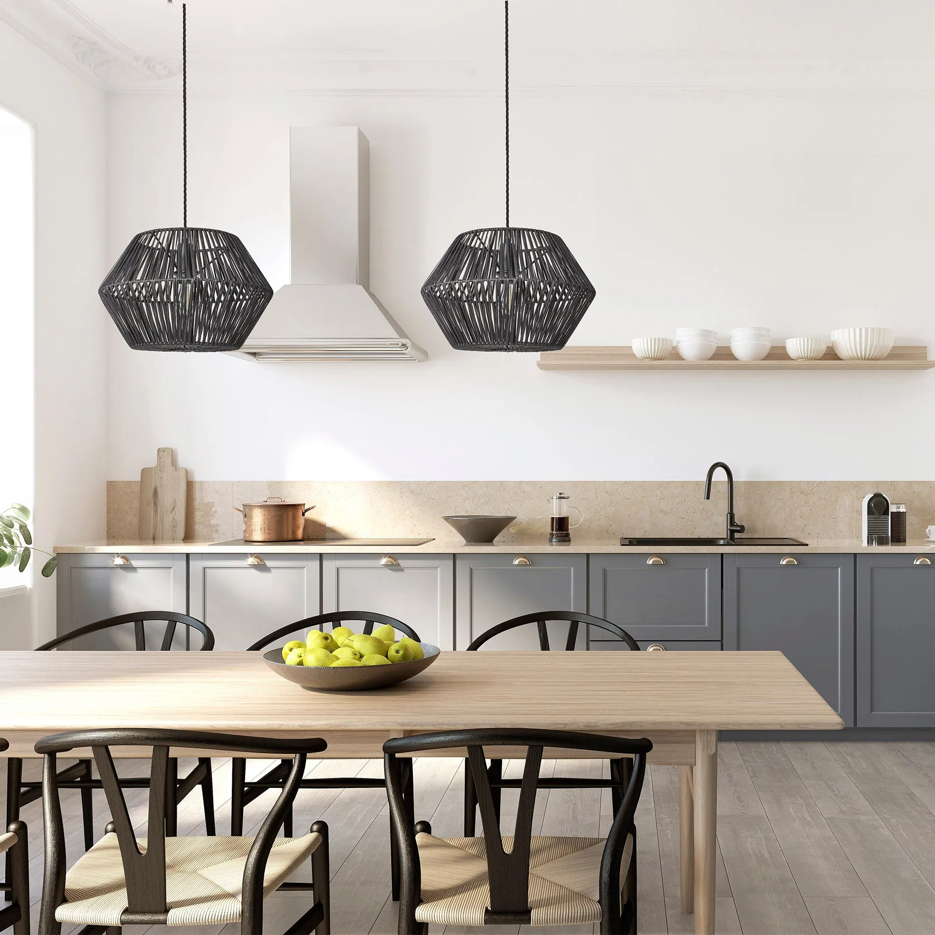Boho Rattan Ceiling Pendant Light - 15 Inch - Hex - Black