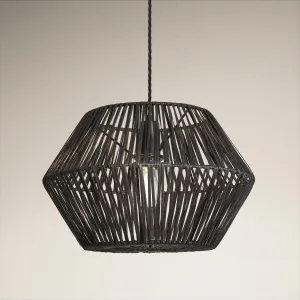Boho Rattan Ceiling Pendant Light - 15 Inch - Hex - Black