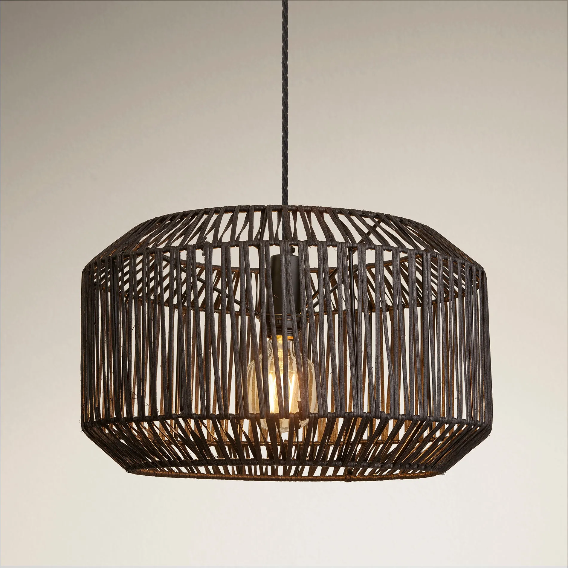 Boho Rattan Ceiling Pendant Light - 18 Inch - Drum - Black