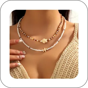 Boho Seed Beaded Choker Necklace for Women Colorful Rice Beaded Collar Cute Summer Shell Fishitail Pendant Necklace Chain Beach Jewelry Accessories