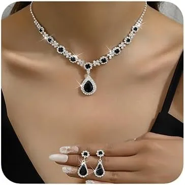 Boho Silver Fashion Prom Shinny Black Blue Rhinestones Choker Necklace Earrings Bracelet Set Dainty Layered Sexy Choker Necklace Silver Black Halloween Green Christmas Necklace for Women