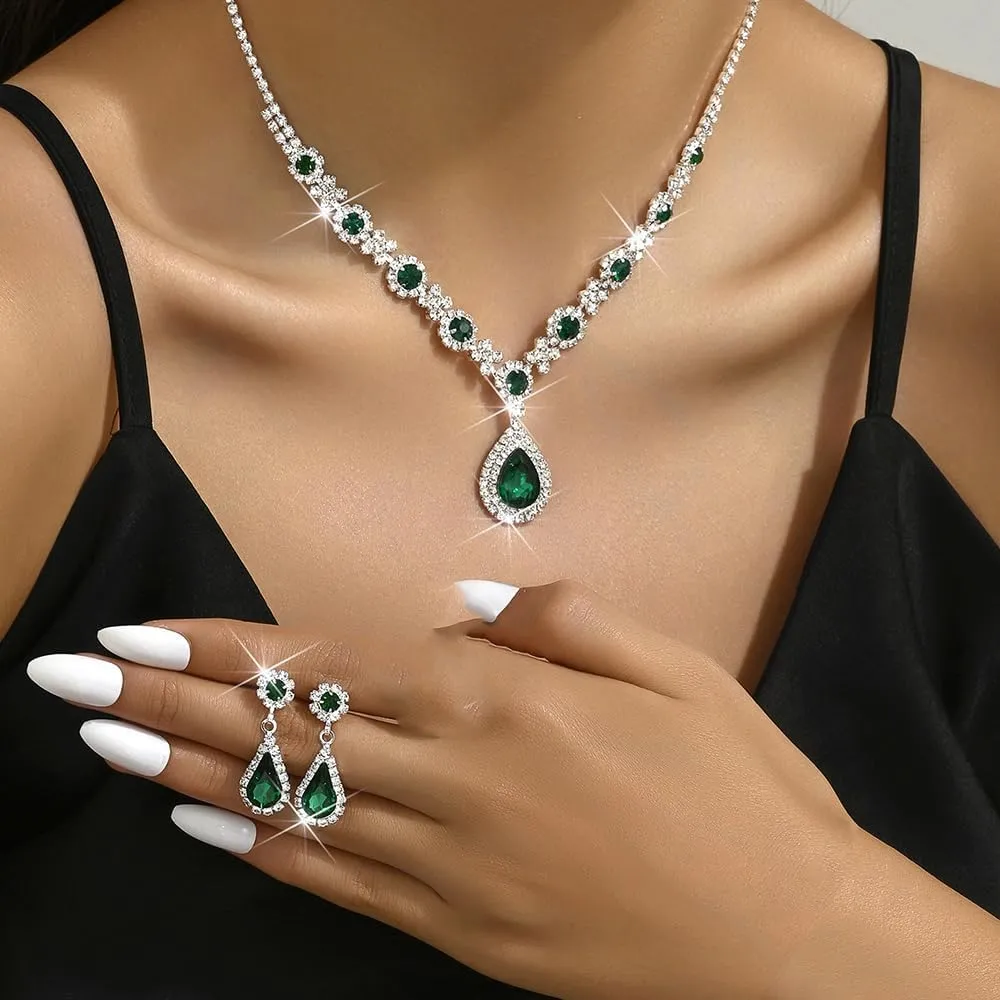 Boho Silver Fashion Prom Shinny Black Blue Rhinestones Choker Necklace Earrings Bracelet Set Dainty Layered Sexy Choker Necklace Silver Black Halloween Green Christmas Necklace for Women
