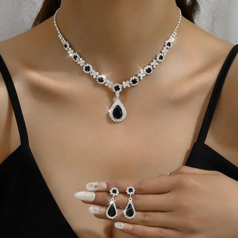 Boho Silver Fashion Prom Shinny Black Blue Rhinestones Choker Necklace Earrings Bracelet Set Dainty Layered Sexy Choker Necklace Silver Black Halloween Green Christmas Necklace for Women