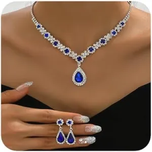 Boho Silver Fashion Prom Shinny Black Blue Rhinestones Choker Necklace Earrings Bracelet Set Dainty Layered Sexy Choker Necklace Silver Black Halloween Green Christmas Necklace for Women