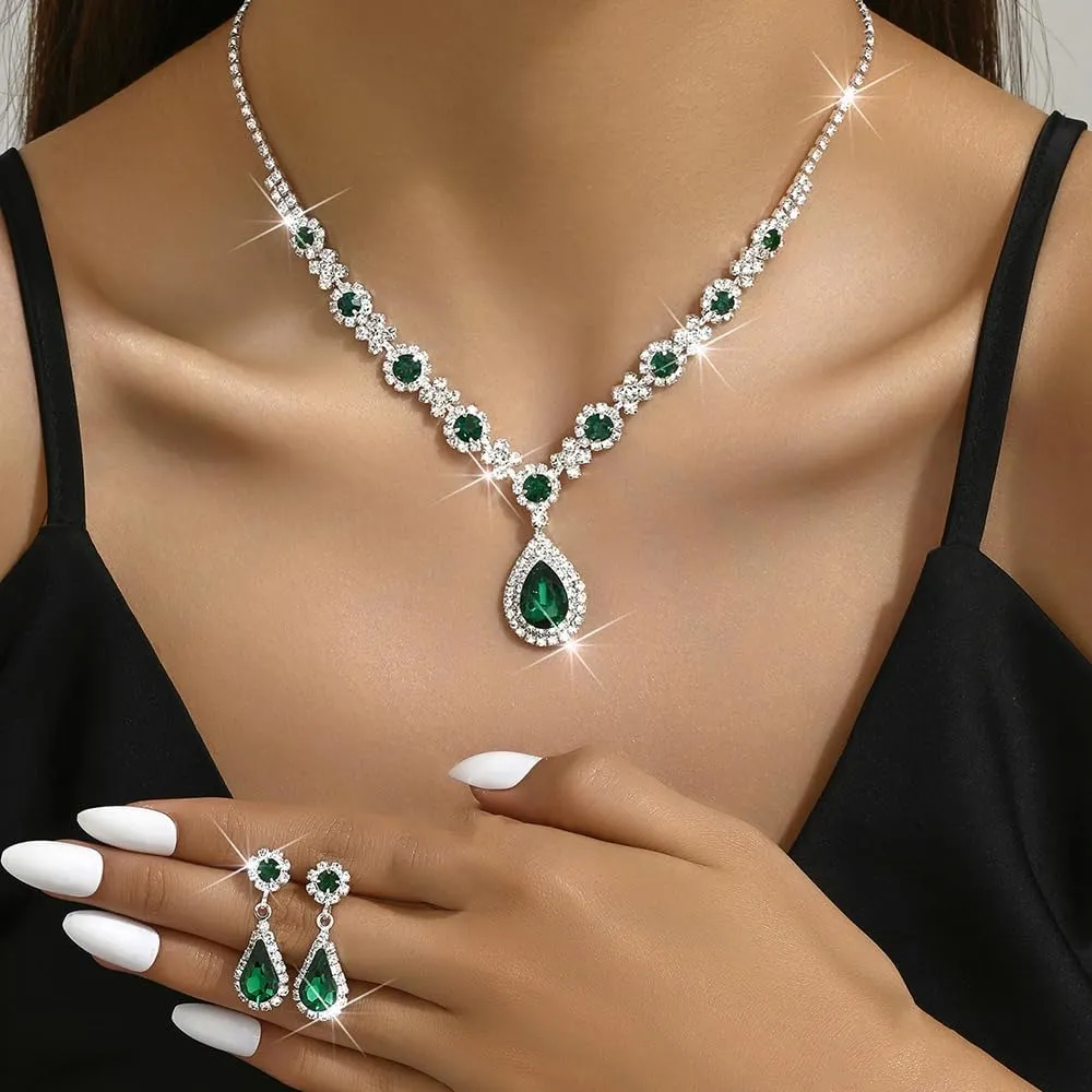 Boho Silver Fashion Prom Shinny Black Blue Rhinestones Choker Necklace Earrings Bracelet Set Dainty Layered Sexy Choker Necklace Silver Black Halloween Green Christmas Necklace for Women