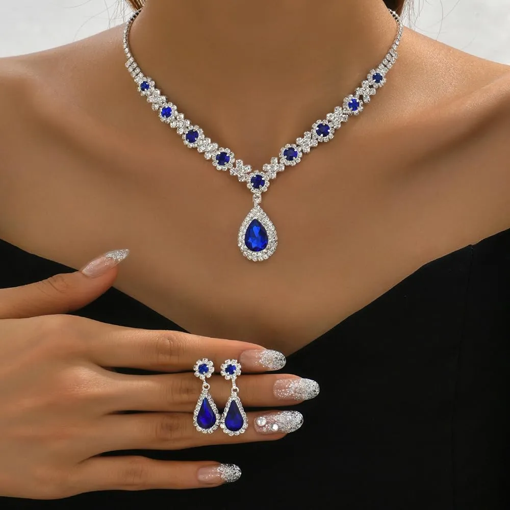 Boho Silver Fashion Prom Shinny Black Blue Rhinestones Choker Necklace Earrings Bracelet Set Dainty Layered Sexy Choker Necklace Silver Black Halloween Green Christmas Necklace for Women