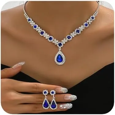 Boho Silver Fashion Prom Shinny Black Blue Rhinestones Choker Necklace Earrings Bracelet Set Dainty Layered Sexy Choker Necklace Silver Black Halloween Green Christmas Necklace for Women