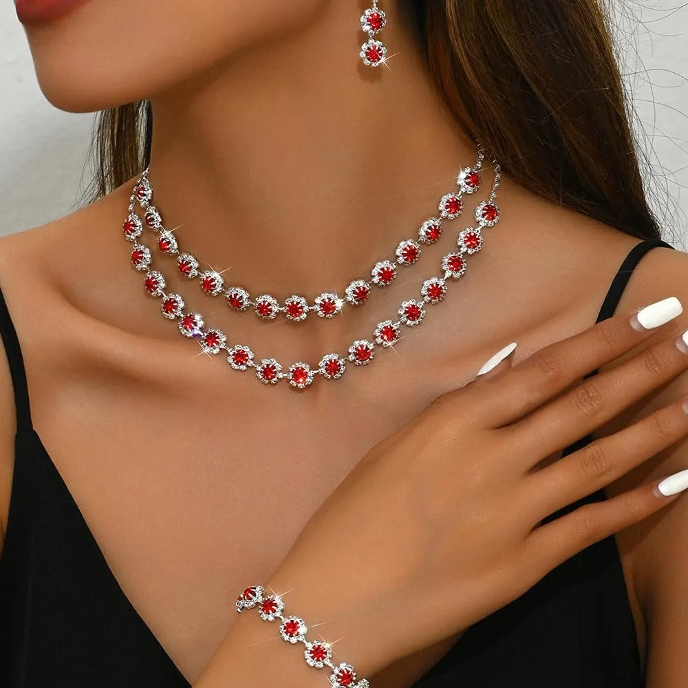 Boho Silver Fashion Prom Shinny Blue Rhinestones Choker Necklace Earrings Bracelet Set Dainty Layered Sexy Choker Necklace Black Halloween Red Christmas Necklace for Women
