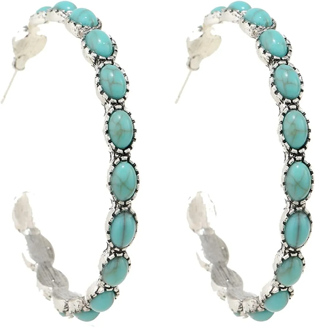 Boho Turquoise Hoop Earrings Vintage Faux Turquoise Circle Round Beaded Western Cowgirl Statement Earrings for Women Ethnic Jewelry Valentine Gift-A turquoise