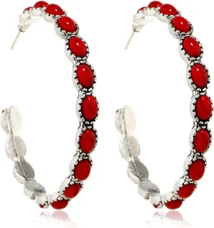 Boho Turquoise Hoop Earrings Vintage Faux Turquoise Circle Round Beaded Western Cowgirl Statement Earrings for Women Ethnic Jewelry Valentine Gift-C red