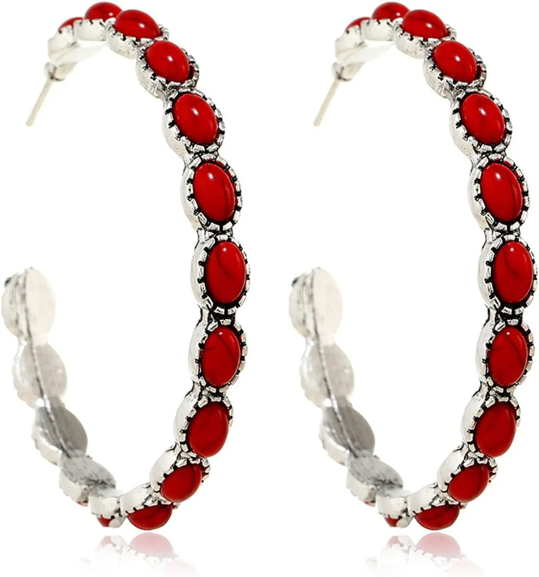 Boho Turquoise Hoop Earrings Vintage Faux Turquoise Circle Round Beaded Western Cowgirl Statement Earrings for Women Ethnic Jewelry Valentine Gift-C red