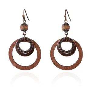 Boho Wooden Dangle Earrings for Women Vintage Brown Earrings Circle Ground Lightweight Dangling with Copper Hammered Style Handmade Jewelry
