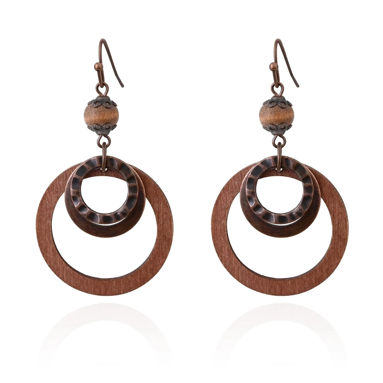Boho Wooden Dangle Earrings for Women Vintage Brown Earrings Circle Ground Lightweight Dangling with Copper Hammered Style Handmade Jewelry