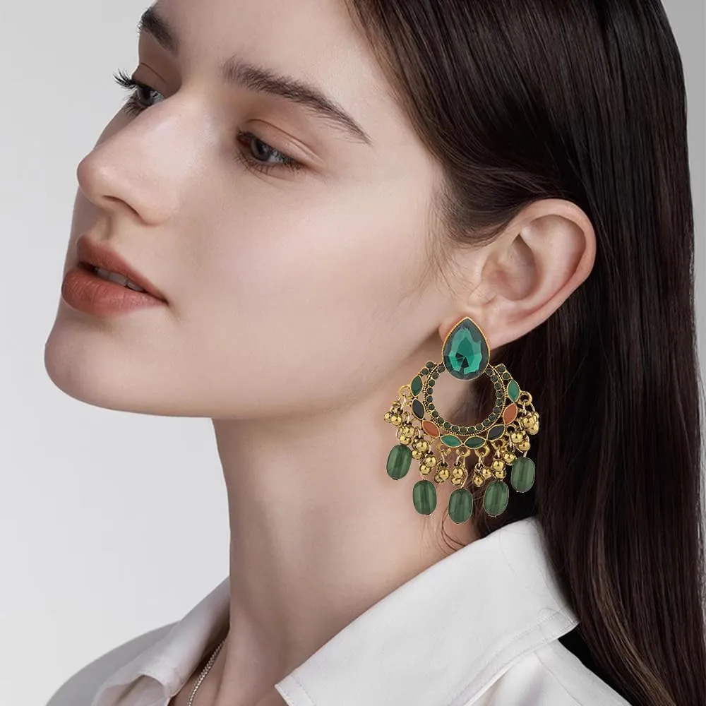Bollywood Chandelier Statement Tassel Dangle Earrings Antique Gold Enamel Bohemian Rhinestone Beaded Jhumka Drop Dangling Stud Lightweight Vintage Indian Jewelry Holiday Gifts for Women Girls
