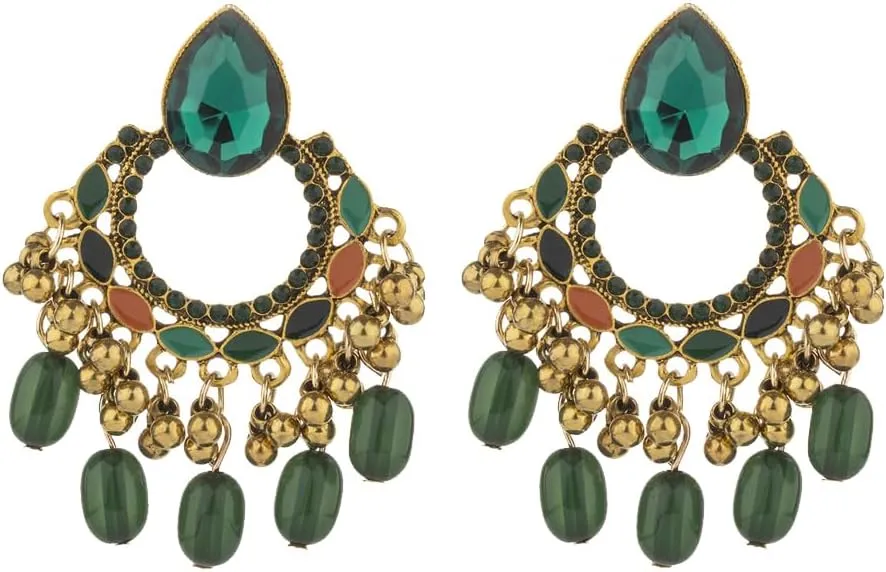 Bollywood Chandelier Statement Tassel Dangle Earrings Antique Gold Enamel Bohemian Rhinestone Beaded Jhumka Drop Dangling Stud Lightweight Vintage Indian Jewelry Holiday Gifts for Women Girls