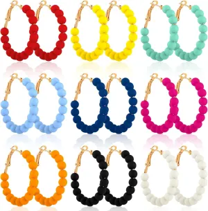 Bonuci 9 Pairs Beaded Hoop Earrings for Women Bohemian Bead Earrings Mixed Color Dangle (Bright Colors,Acrylic)