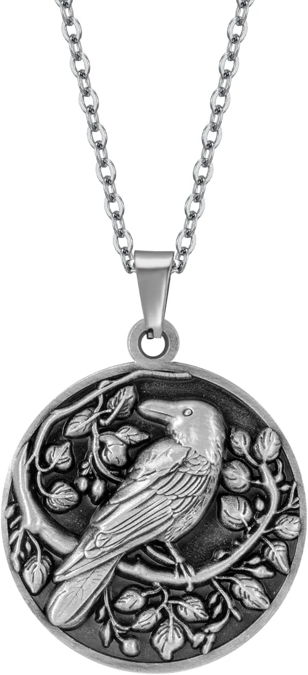 Botanical Embossed Crow Raven Necklace Vintage Gothic Necklace Animal Pendant Jewelry for Men Women