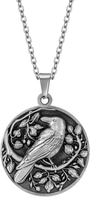 Botanical Embossed Crow Raven Necklace Vintage Gothic Necklace Animal Pendant Jewelry for Men Women