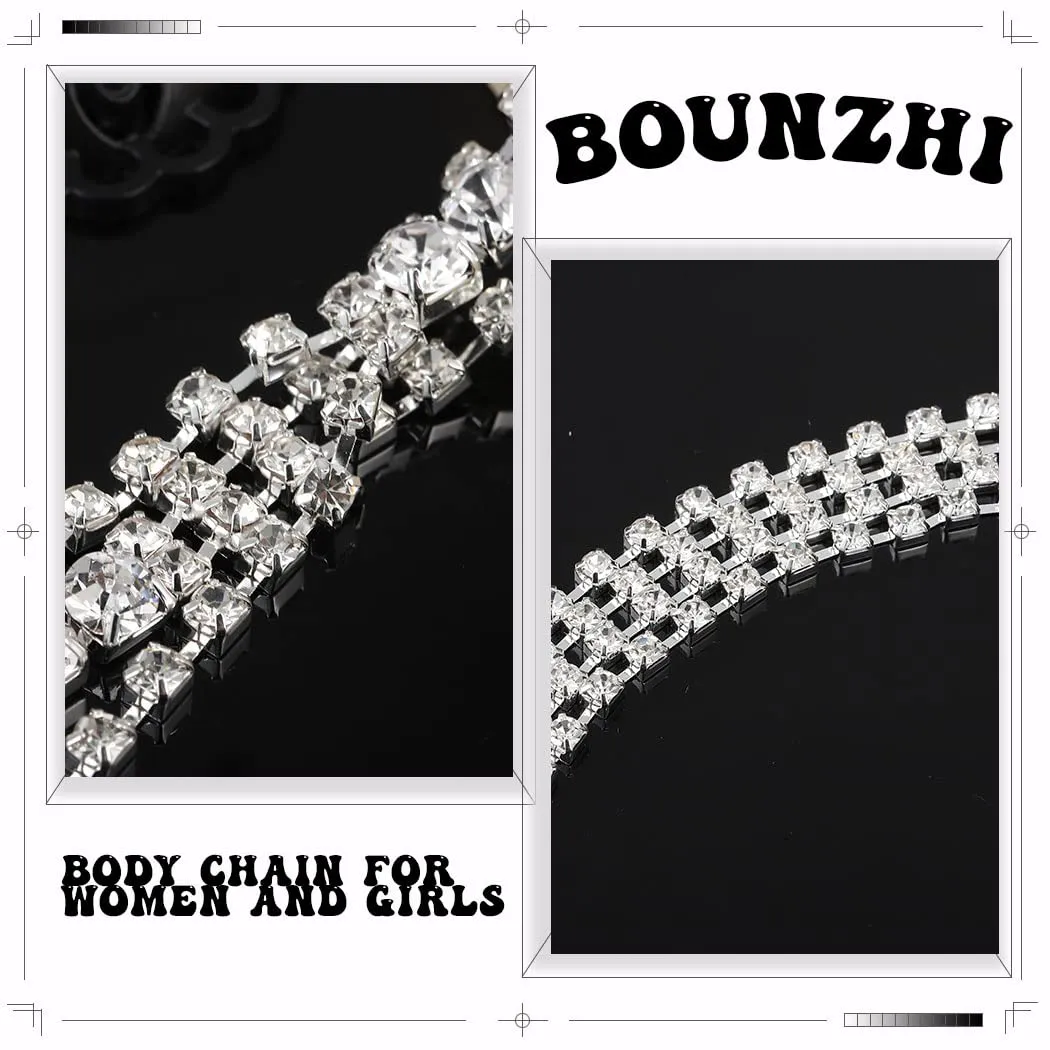 Bounzhi Rhinestone Body Chain Crossover Bra Crystal Body Jewelry Bikini Beach Body Necklace for Women(H)