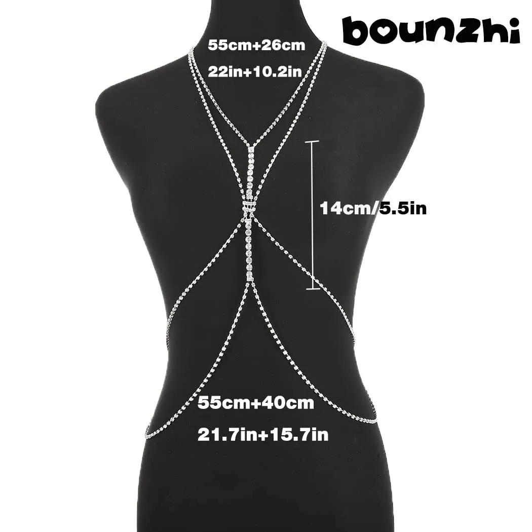 Bounzhi Rhinestone Body Chain Crossover Bra Crystal Body Jewelry Bikini Beach Body Necklace for Women(H)