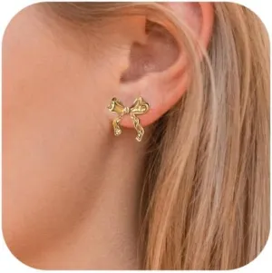 Bow Earrings for Women, 18K Gold Plated Bow Stud Earrings Bow Dangle Drop Earrings Ribbon Earrings Trendy Prom Earrings Gold Earrings for Women Gold Jewelry Gifts for Her Women