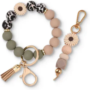 Bracelet Key Ring Set, Cute Car Key chain Wristlet, Silicone Beaded Bangle keyChains for Women Girls