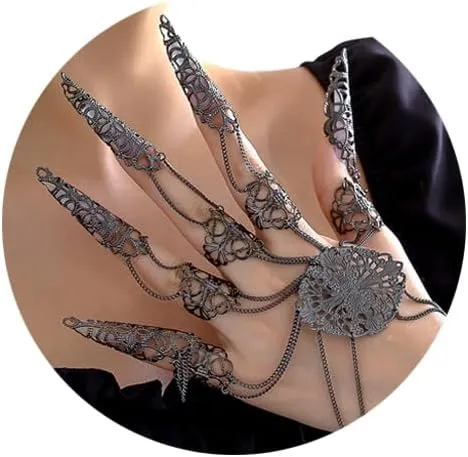Bracelet with Finger Nails Black Finger Nail Tip Claw Rings Hollow Pattern,Ancient Queen Finger Claws for Women Halloween Cosplay Indian Belly Dance Decoration Accessory (Black)