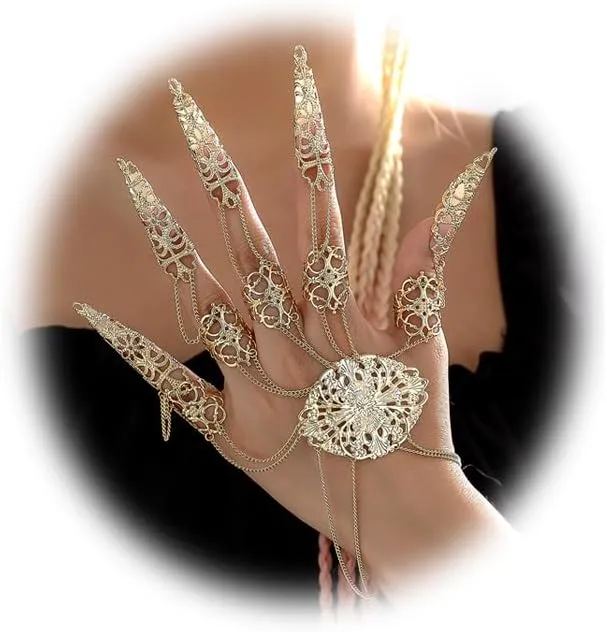 Bracelet with Finger Nails Gold Finger Nail Tip Claw Rings Hollow Pattern,Ancient Queen Finger Claws for Women Halloween Cosplay Indian Belly Dance Decoration Accessory (Gold)