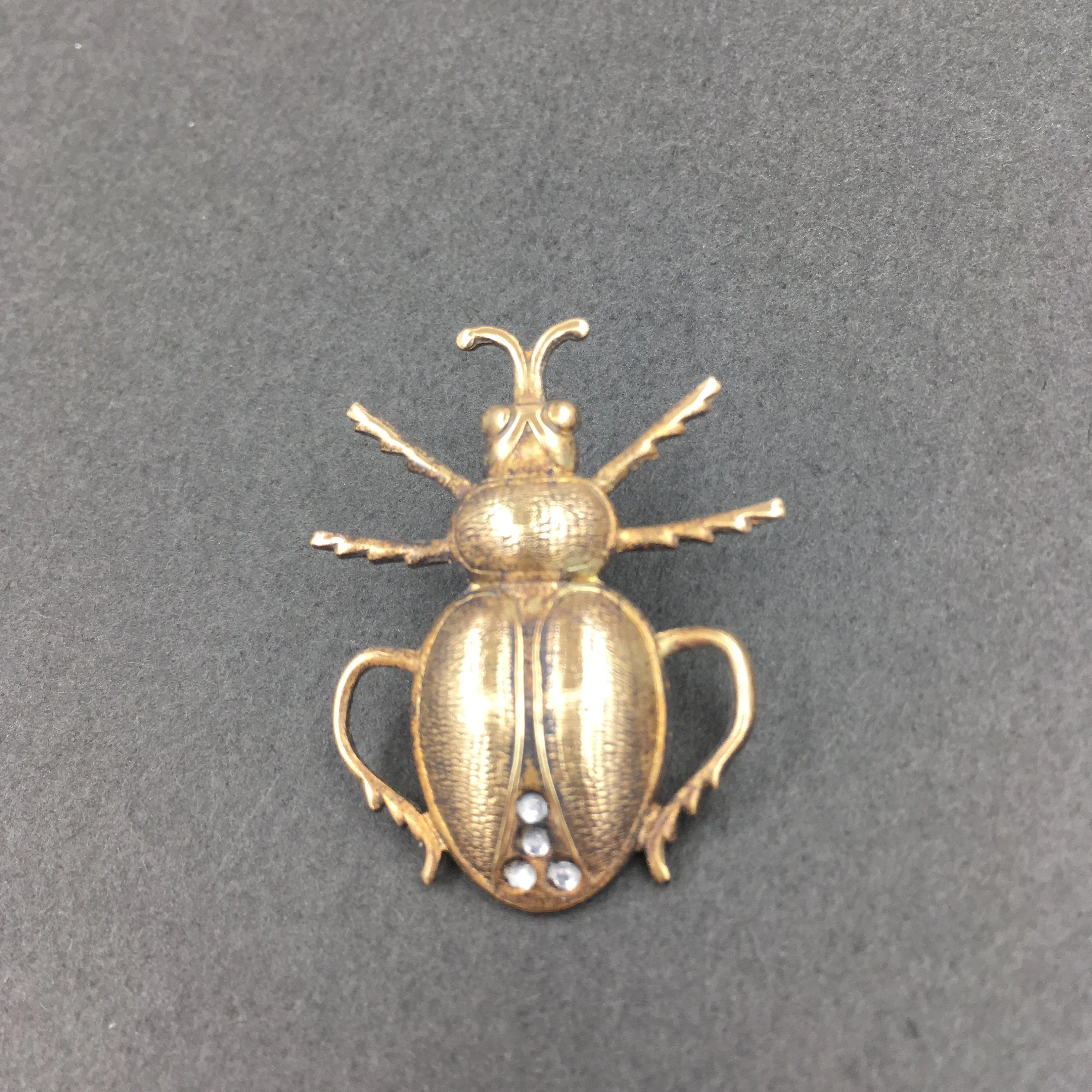 Brass and Rhinestone Scarab Beetle Insect Pin or Brooch