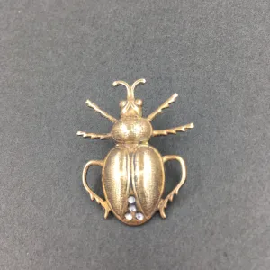 Brass and Rhinestone Scarab Beetle Insect Pin or Brooch