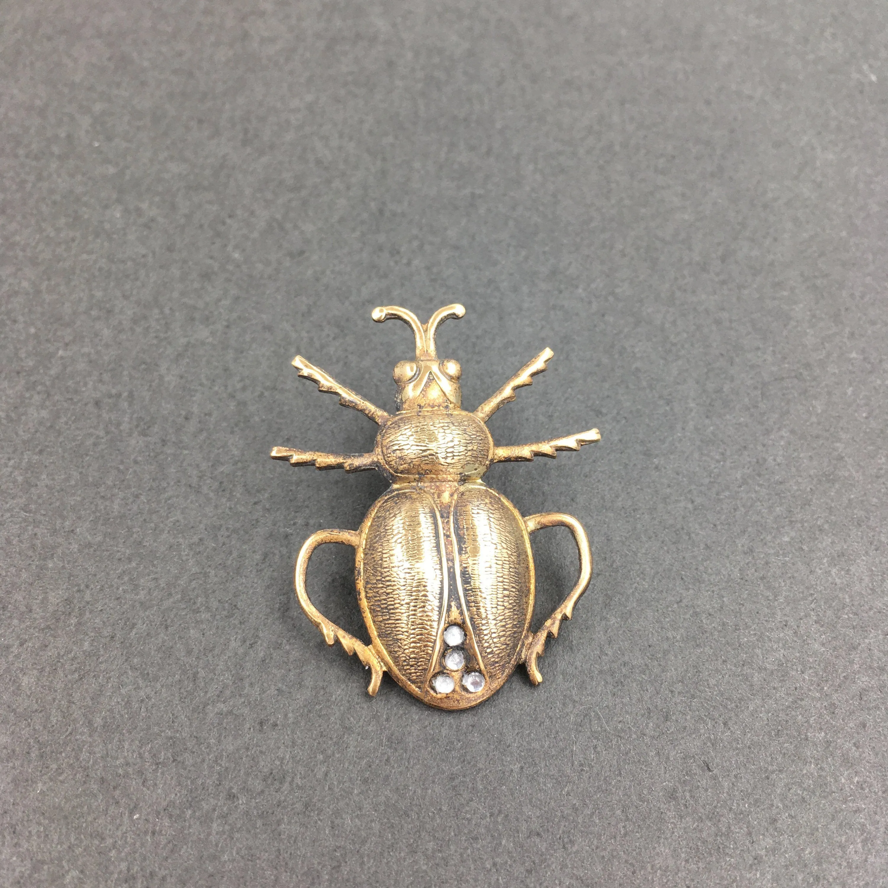 Brass and Rhinestone Scarab Beetle Insect Pin or Brooch