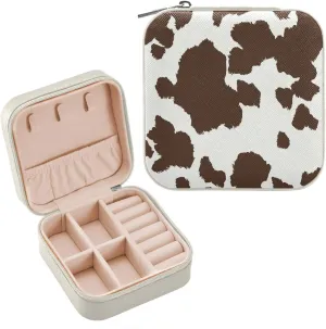 Brown Cow Jewelry Box Organizer Animal Skin Print Travel Jewelry Case Small Jewelry Storage Holder for Ring Pendant Earring Necklace Bracelet, Gift for Women Girls