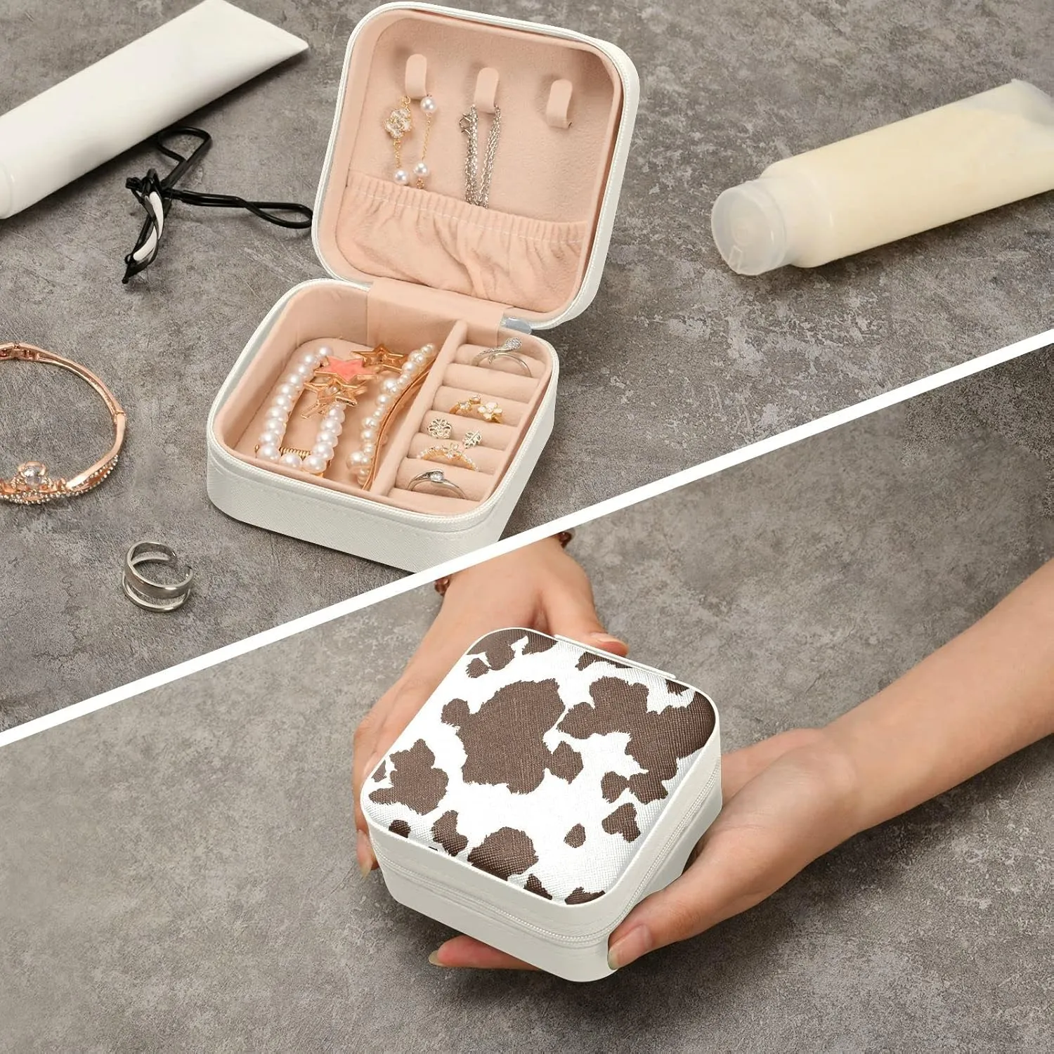Brown Cow Jewelry Box Organizer Animal Skin Print Travel Jewelry Case Small Jewelry Storage Holder for Ring Pendant Earring Necklace Bracelet, Gift for Women Girls