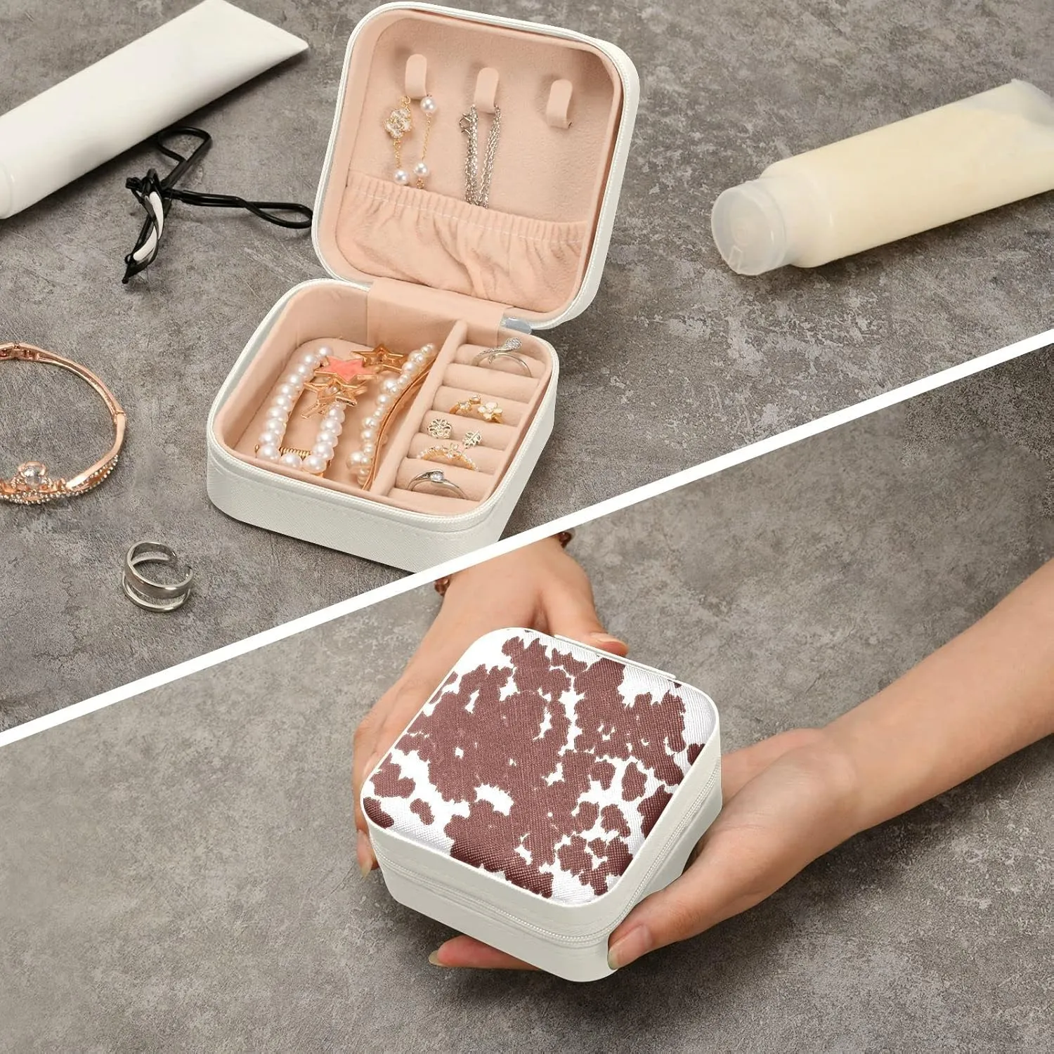 Brown Cow Print Jewelry Box Organizer Animal Travel Jewelry Case Small Jewelry Storage Holder for Ring Pendant Earring Necklace Bracelet, Gift for Women Girls