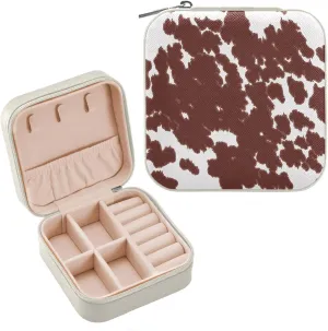Brown Cow Print Jewelry Box Organizer Animal Travel Jewelry Case Small Jewelry Storage Holder for Ring Pendant Earring Necklace Bracelet, Gift for Women Girls
