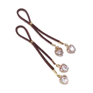 Brown Leather Non Pierced Nipple Nooses with Gold Heart Rhinestone - Bohemian Fake Nipple Piercing - Adjustable Nipple Jewelry