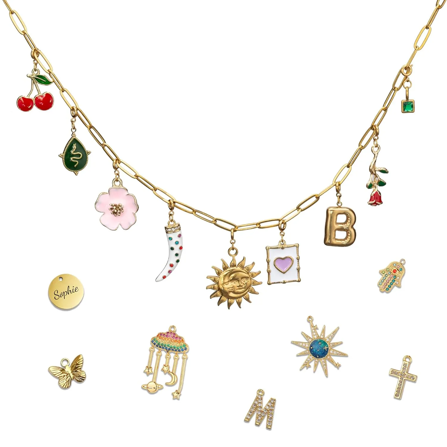 Build Your Own Custom Gold Charm Necklace, Statement Vintage Style Chunky Paperclip Link Chain Necklace for Women, Name Initial Charms