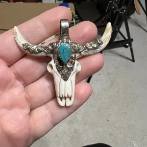 Bullhead Bone and Turquoise Pendant Tibetan Silver