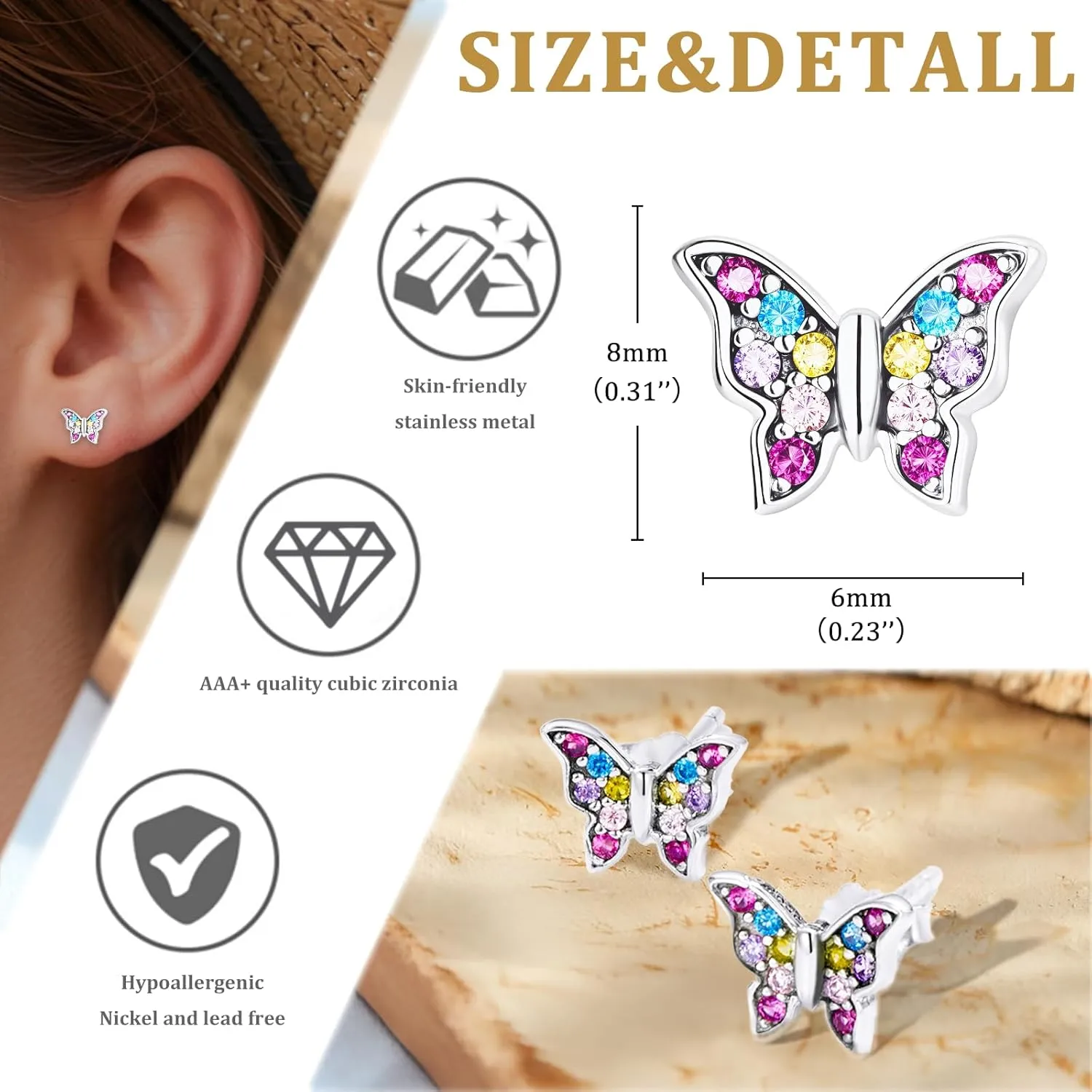 Butterfly Earrings Gifts for Girls, CZ Dainty Steel Plate Butterfly Earrings for 8-12 Years Old Girls Trendy Party Camps Daily Birthday Gifts for Her Birthday Gift 6 7 8 9 12 16 21 Years Old Jewelry
