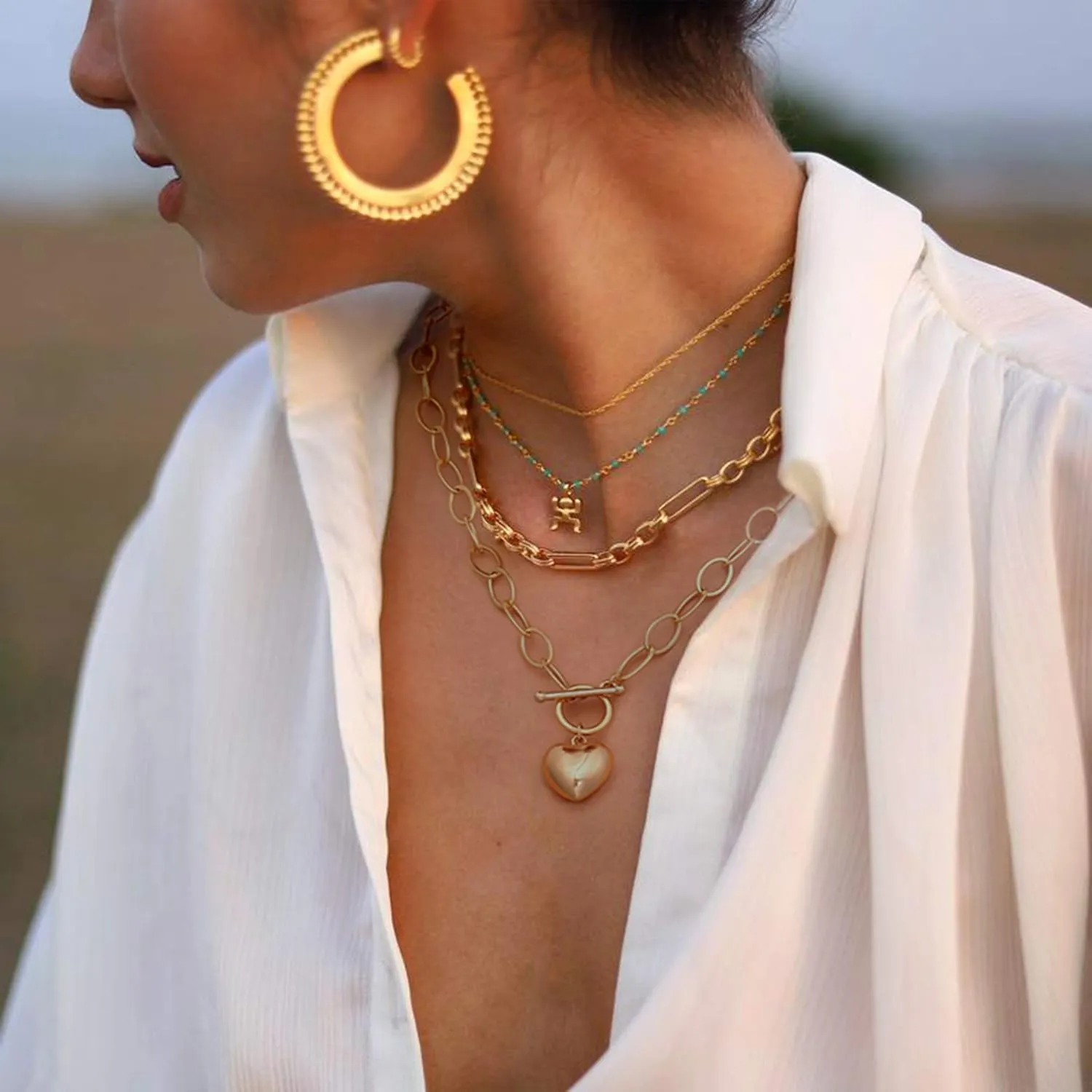 CANEVINKA Dainty Cross Medallion/Heart Pendant Chain Necklace 18K Gold Plated Oval Choker Fashion OT Toggle Jewelry Handmade for Women Simple Gold Charm Necklace