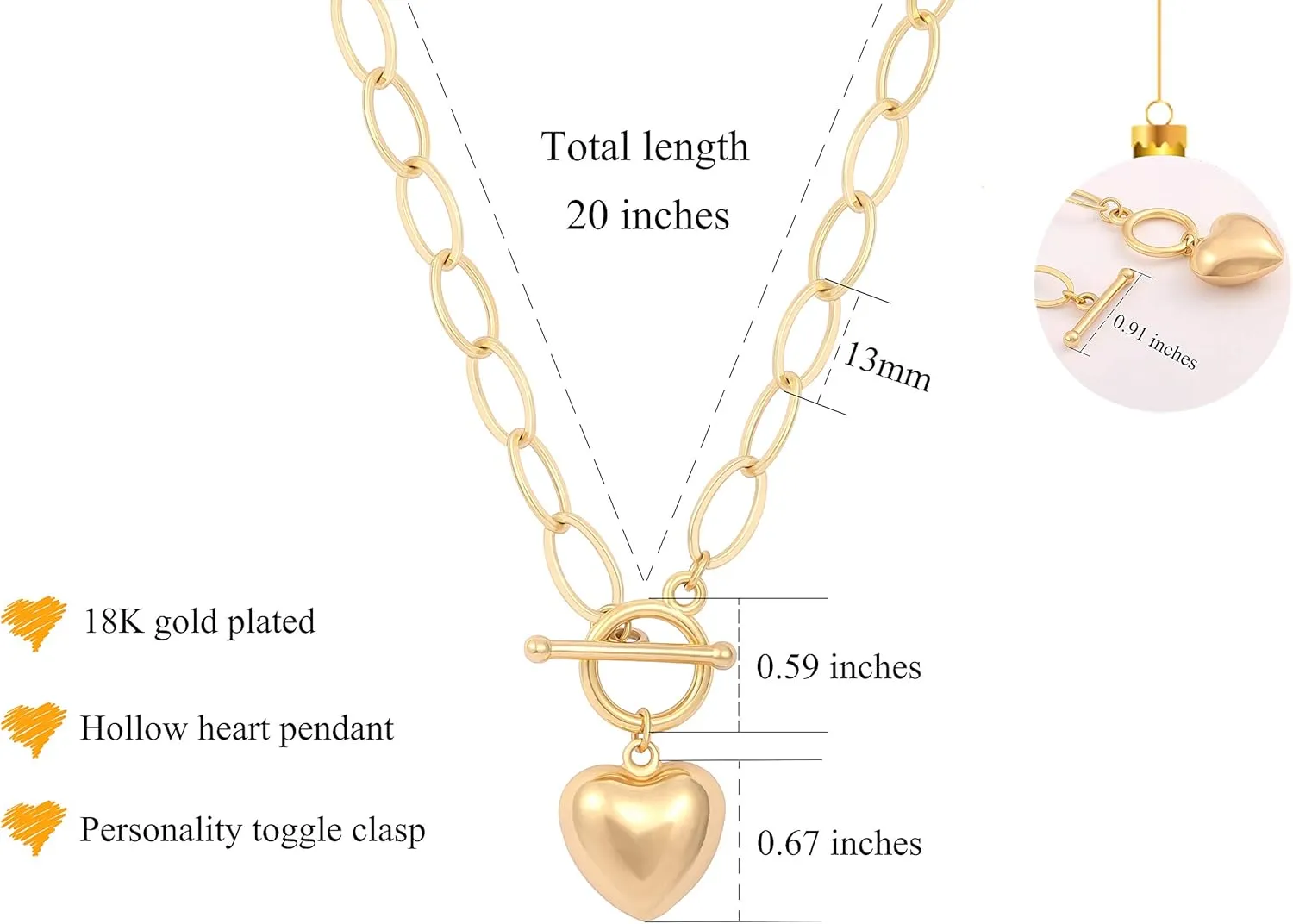 CANEVINKA Dainty Cross Medallion/Heart Pendant Chain Necklace 18K Gold Plated Oval Choker Fashion OT Toggle Jewelry Handmade for Women Simple Gold Charm Necklace