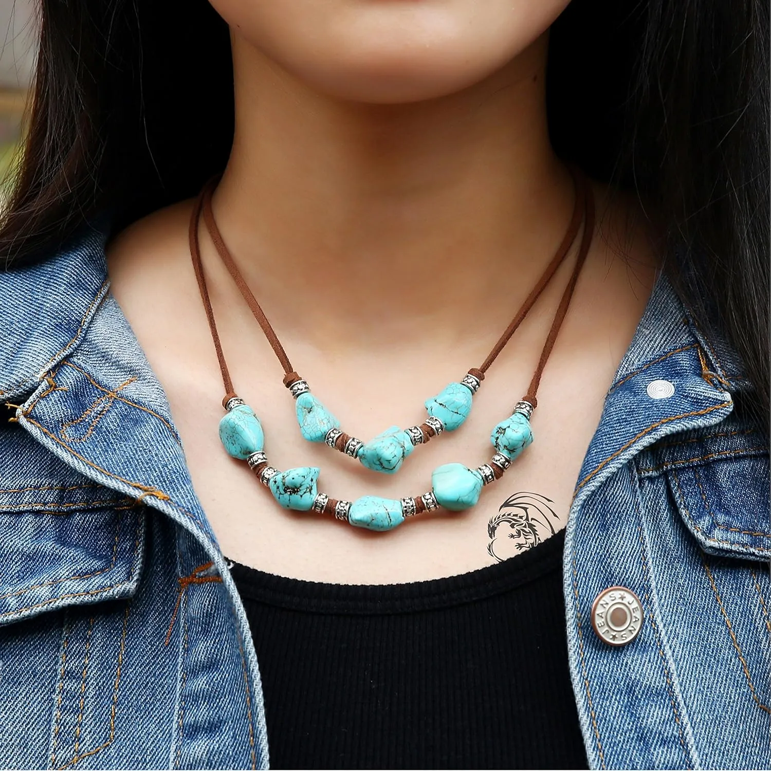 CANEVINKA Suede Turquoise Necklace for Women Handmade Y-Shape Bohemain Vintage Pendant Jewelry Lariat