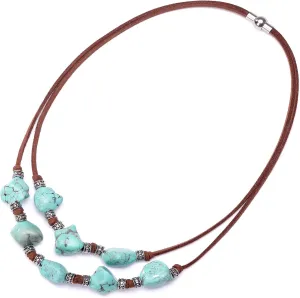 CANEVINKA Suede Turquoise Necklace for Women Handmade Y-Shape Bohemain Vintage Pendant Jewelry Lariat