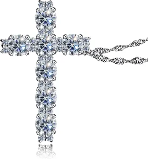 CannyCat Moissanite Cross Pendant Necklace for Women 4.0 mm 27 pieces 2.3 CTTW D-E-F color VVS Moissanite Cross Necklaces Platinum-Plated Sterling Silver 16 2 Chain Anniversary Womens Gift