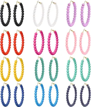 CASDAN 12 Pairs Beaded Hoop Earrings for Women Bohemian Circle Round Bead Earrings Colorful Vintage Acrylic Beads Dangle Earrings