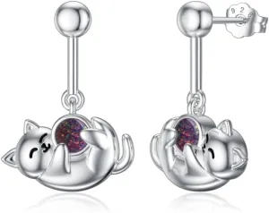Cat Earrings 925 Sterling Silver Earrings Hypoallergenic Nickel Free Earrings for Sensitive Ears Silver Stud Earrings Kawaii Rose Quartz Birthstone Animal Stud Earrings Jewelry Gift for Women