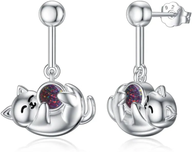 Cat Earrings 925 Sterling Silver Earrings Hypoallergenic Nickel Free Earrings for Sensitive Ears Silver Stud Earrings Kawaii Rose Quartz Birthstone Animal Stud Earrings Jewelry Gift for Women
