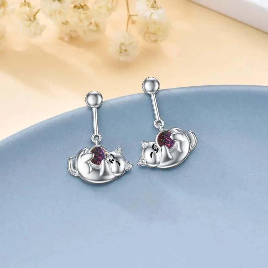 Cat Earrings 925 Sterling Silver Earrings Hypoallergenic Nickel Free Earrings for Sensitive Ears Silver Stud Earrings Kawaii Rose Quartz Birthstone Animal Stud Earrings Jewelry Gift for Women