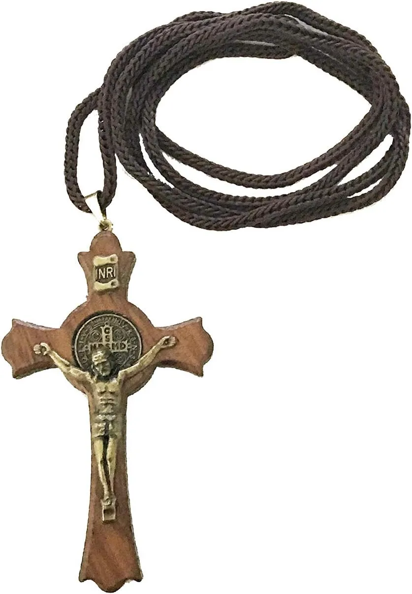 Catholica Shop Saint Benedict Medal Wood Crucifix Cord Necklace for Men & Women  Handcrafted Religious Pendant, Healing, Travel Protection, Perfect for Gifting on Special Occasions, Made in Brazil