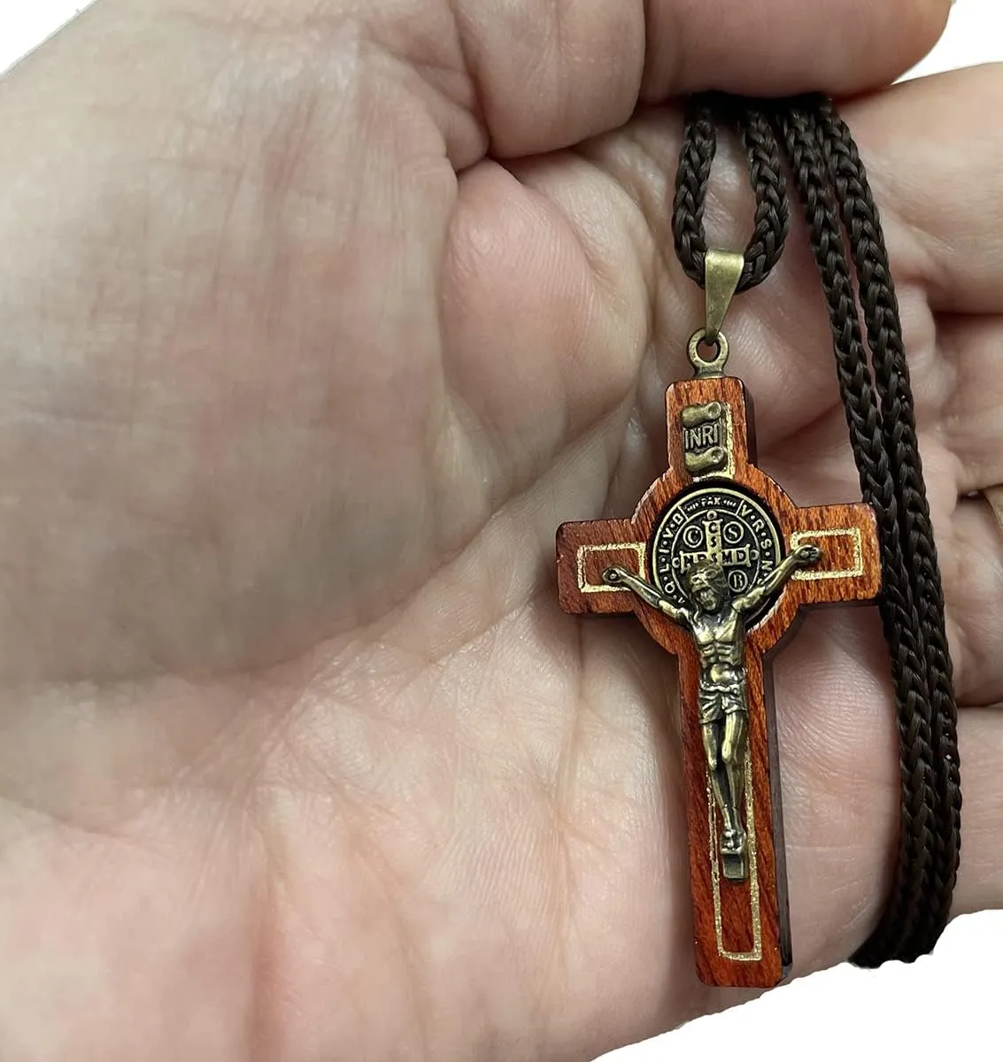 Catholica Shop Saint Benedict Medal Wood Crucifix Cord Necklace for Men & Women  Handcrafted Religious Pendant, Healing, Travel Protection, Perfect for Gifting on Special Occasions, Made in Brazil